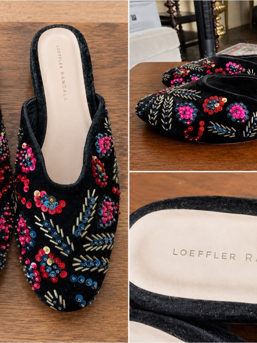 Loeffler Randall Black Velvet Beaded Floral Mules size 9.5
